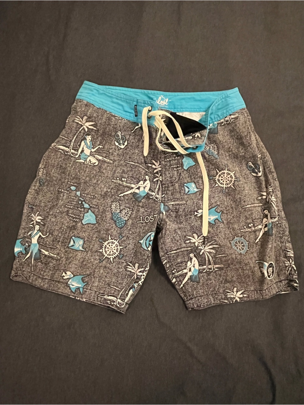 Lost Men’s Board Shorts in Teal and Grey with Tropical Print